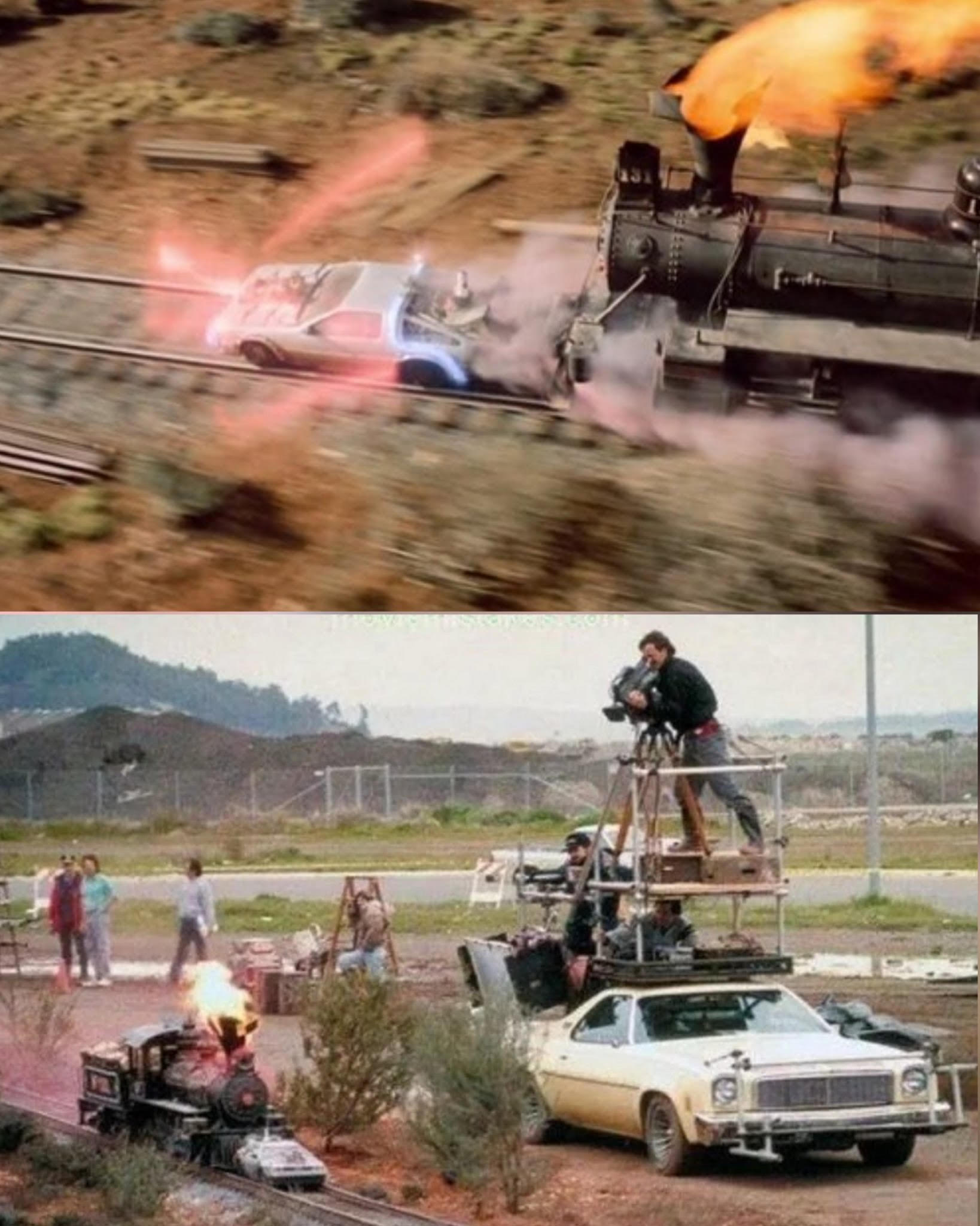 an image displaying how one scene in Back to the Future was filmed, using a small car and train instead of life sized ones.