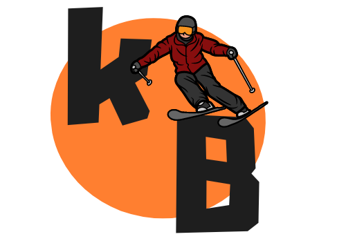 K B logo - orange circle with the letters K and B in black with a graphic of a skiier with a red jacket and orange ski goggles in the upper right