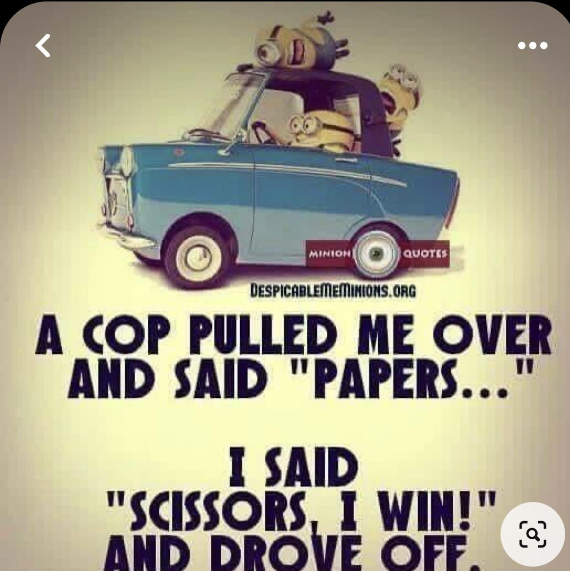 a silly meme about a cop asking for "papers" and the driver saying "scissors" and driving off